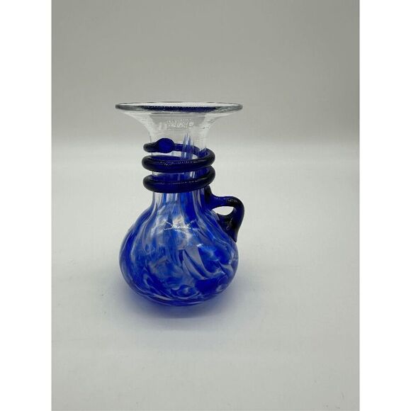 Murano Style Glass Vase Hand Blown w/ Handle 5” Blue - Picture 3 of 9